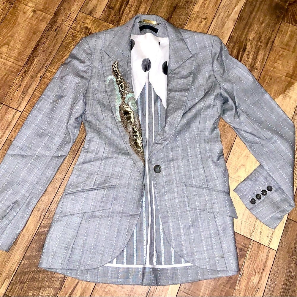 Yigal Azrouel Rare Sequin Bead Grey Wool Blazer 6 Runway Designer Jacket $890